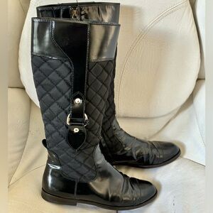 Burberry Black Shiny Leather Nylon Tall Zipper Boots